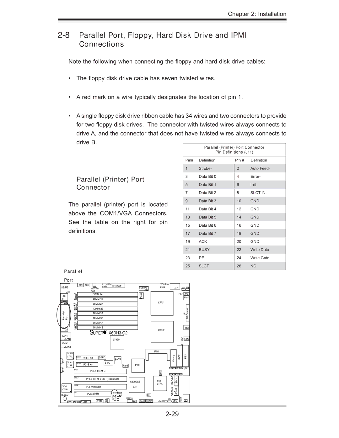 SUPER MICRO Computer X6DH3-G2, X6DHi-G2 user manual Parallel Printer Port, Connector, Parallel Port 