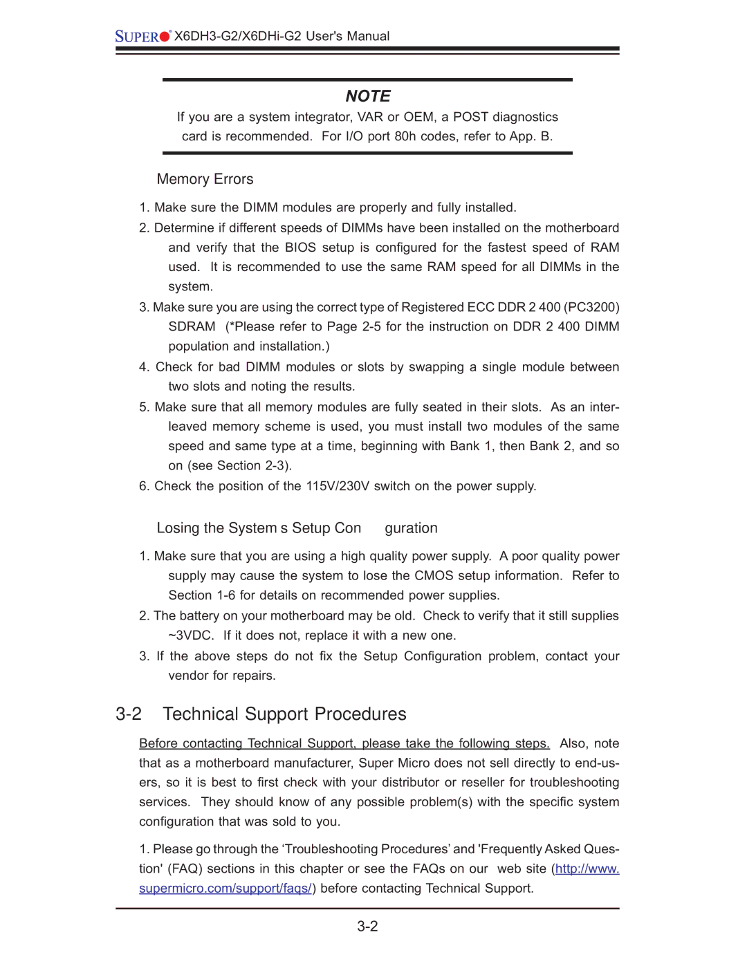 SUPER MICRO Computer X6DHi-G2 Technical Support Procedures, Memory Errors, Losing the System’s Setup Conﬁguration 