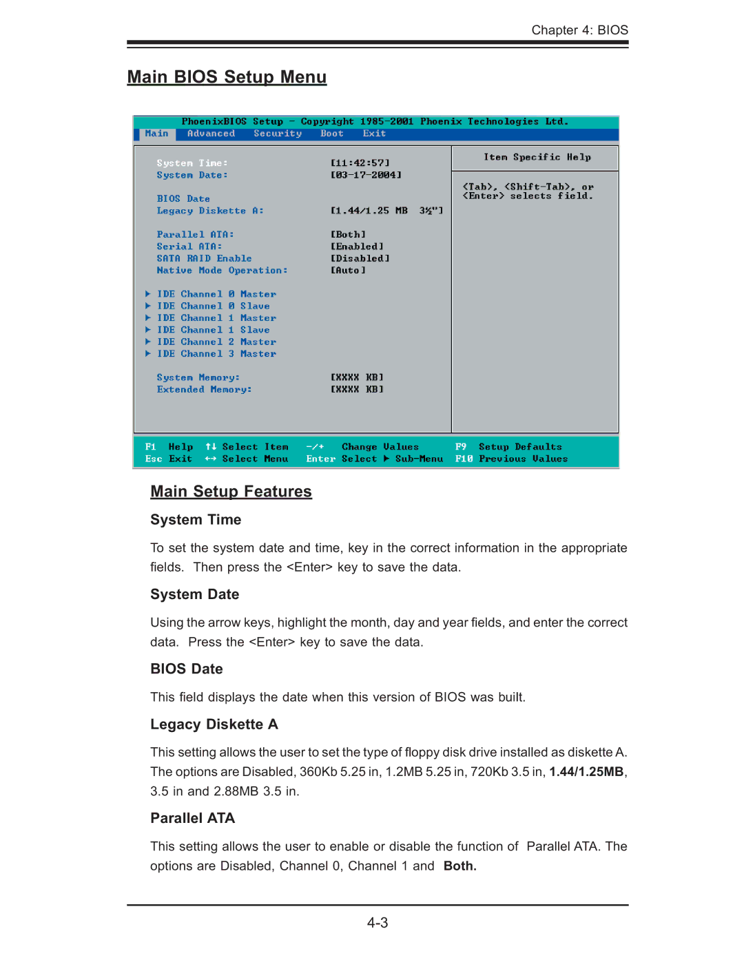 SUPER MICRO Computer X6DH3-G2, X6DHi-G2 user manual Main Bios Setup Menu, Main Setup Features 