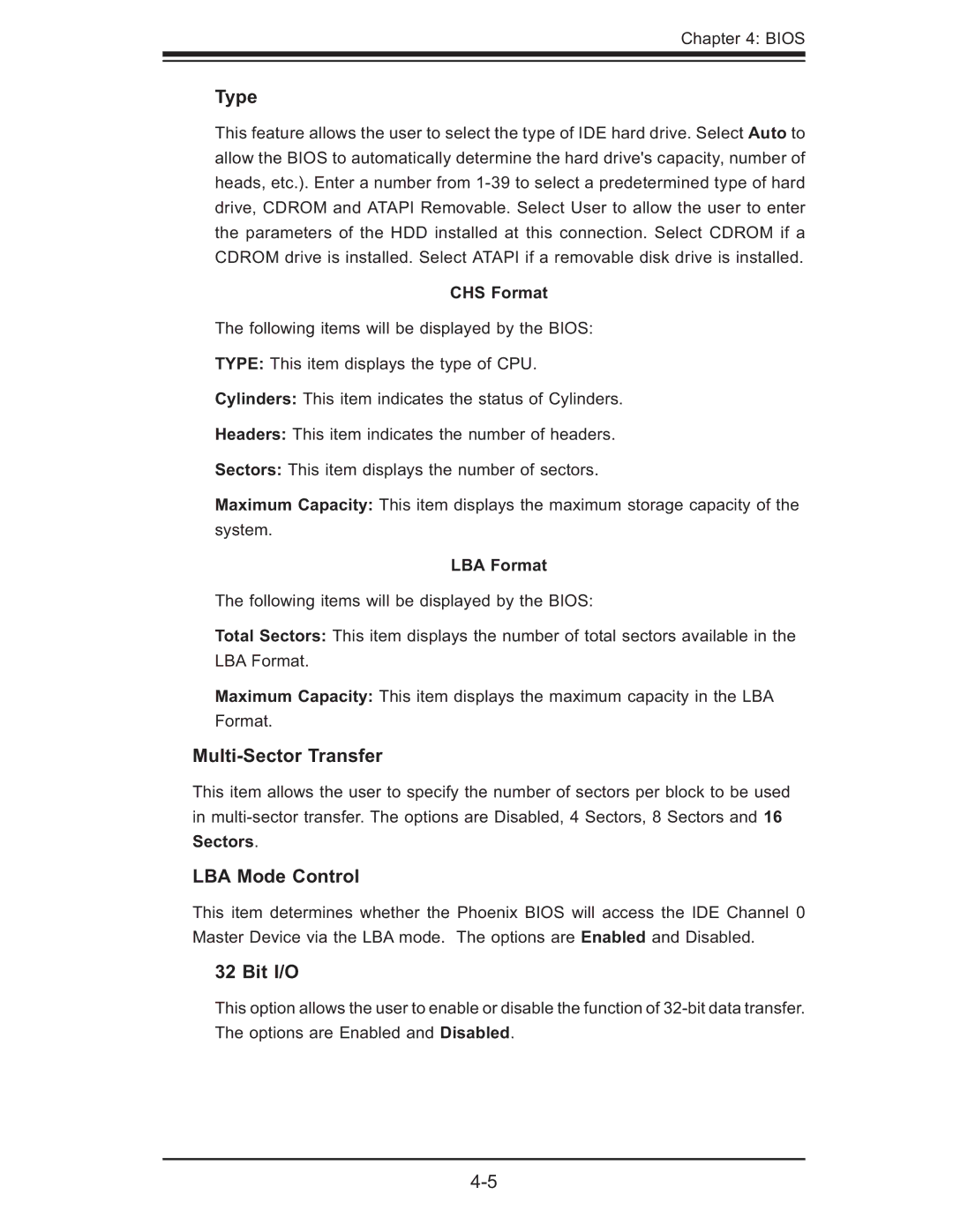 SUPER MICRO Computer X6DH3-G2, X6DHi-G2 user manual Type, Multi-Sector Transfer, LBA Mode Control, Bit I/O 