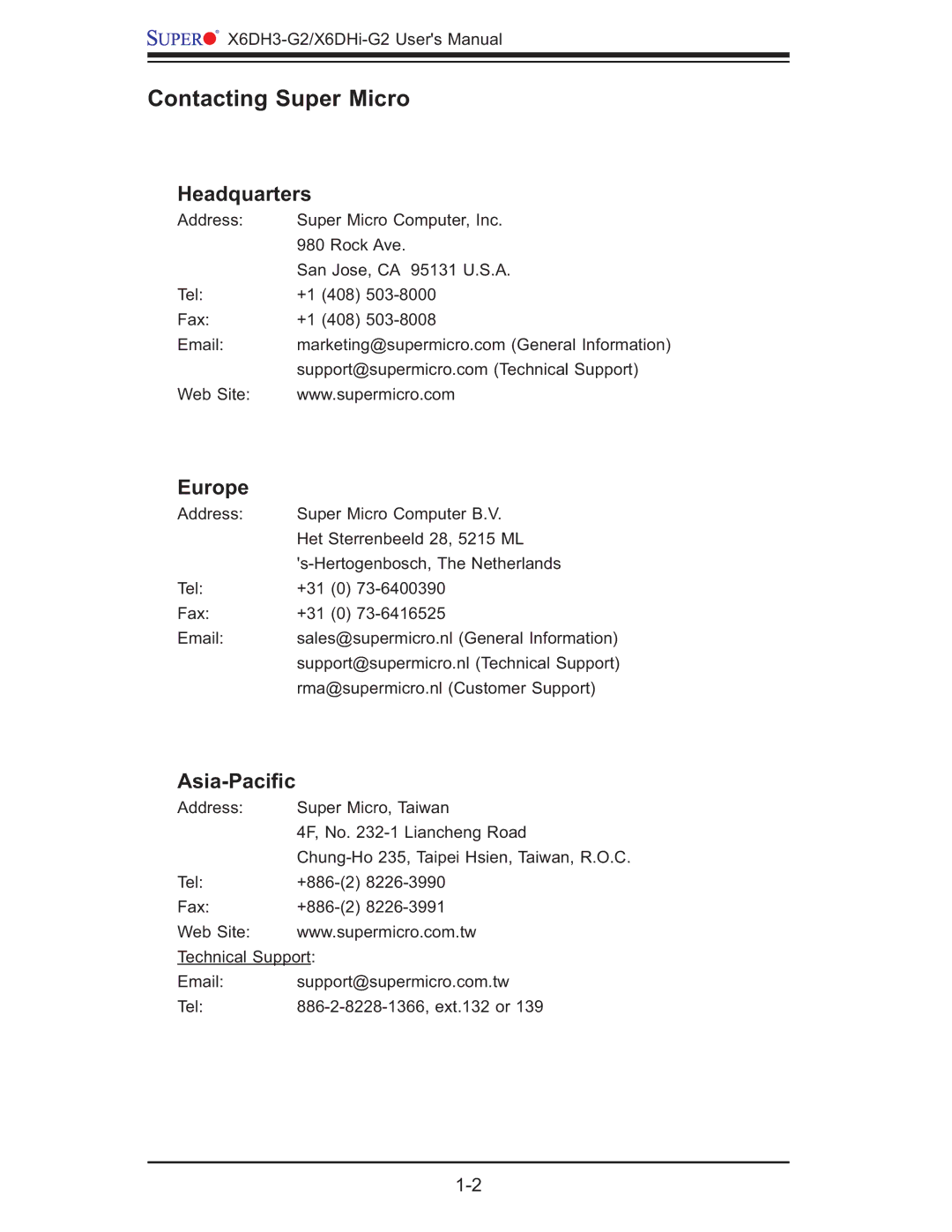 SUPER MICRO Computer X6DHi-G2, X6DH3-G2 user manual Contacting Super Micro, Headquarters, Europe, Asia-Paciﬁc 