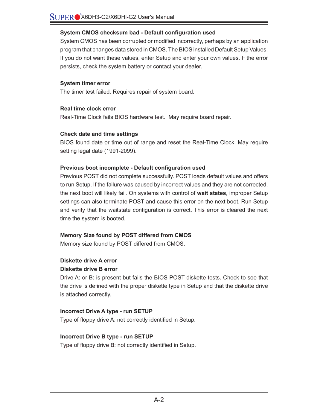 SUPER MICRO Computer X6DHi-G2, X6DH3-G2 user manual System Cmos checksum bad Default conﬁguration used, System timer error 