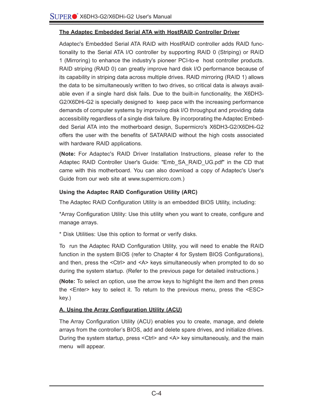 SUPER MICRO Computer X6DHi-G2, X6DH3-G2 user manual Adaptec Embedded Serial ATA with HostRAID Controller Driver 