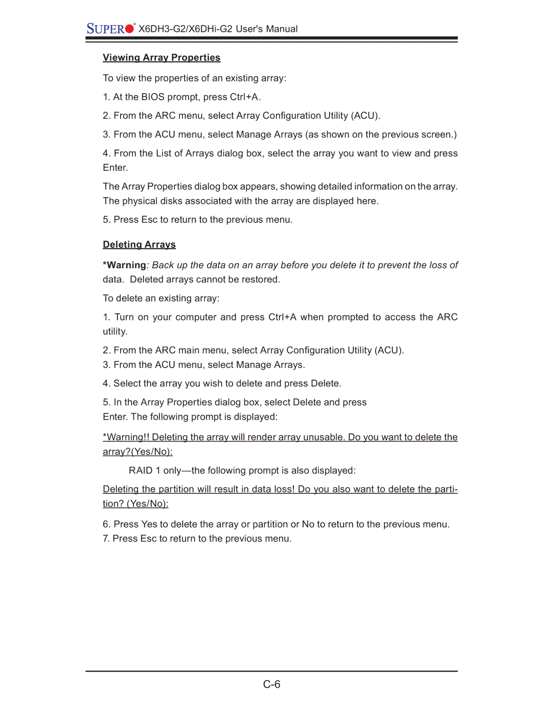 SUPER MICRO Computer X6DHi-G2, X6DH3-G2 user manual Viewing Array Properties, Deleting Arrays 