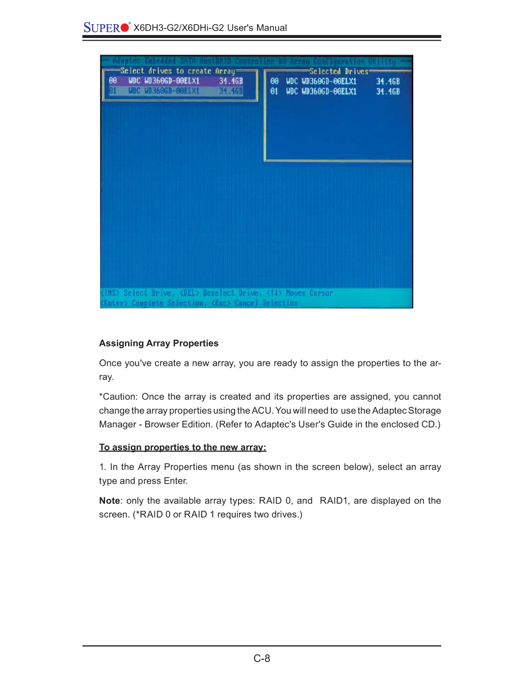 SUPER MICRO Computer X6DHi-G2, X6DH3-G2 user manual Assigning Array Properties, To assign properties to the new array 