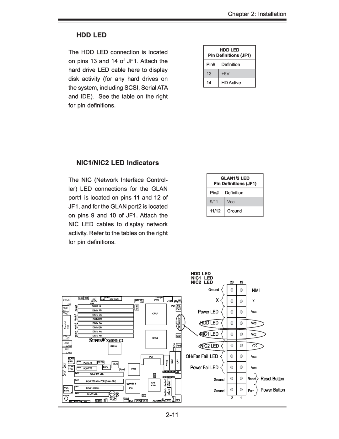 SUPER MICRO Computer X6DH3-G2, X6DHi-G2 Hdd Led, NIC1/NIC2 LED Indicators, 2-11, X Power LED HDD LED NIC1 LED NIC2 LED 