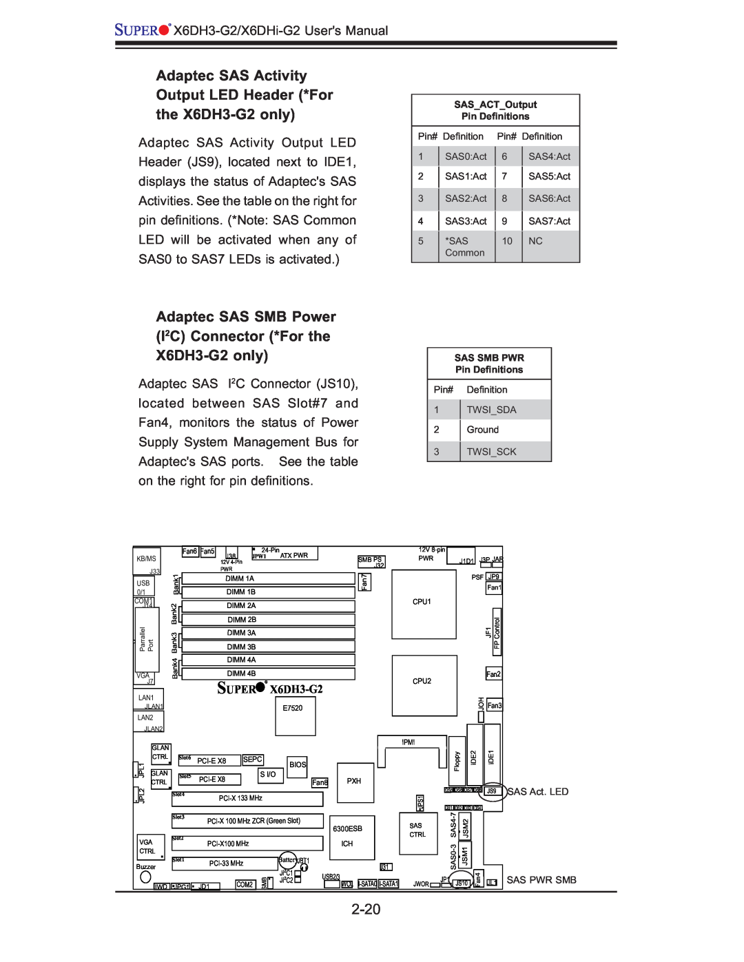 SUPER MICRO Computer X6DHi-G2 user manual Adaptec SAS Activity Output LED Header *For the X6DH3-G2 only, 2-20 