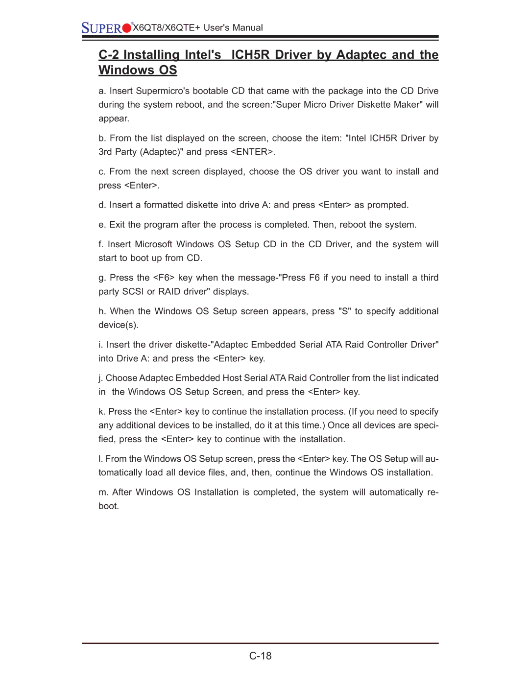 SUPER MICRO Computer X6QTE+, X6QT8 user manual Installing Intels ICH5R Driver by Adaptec and the Windows OS 