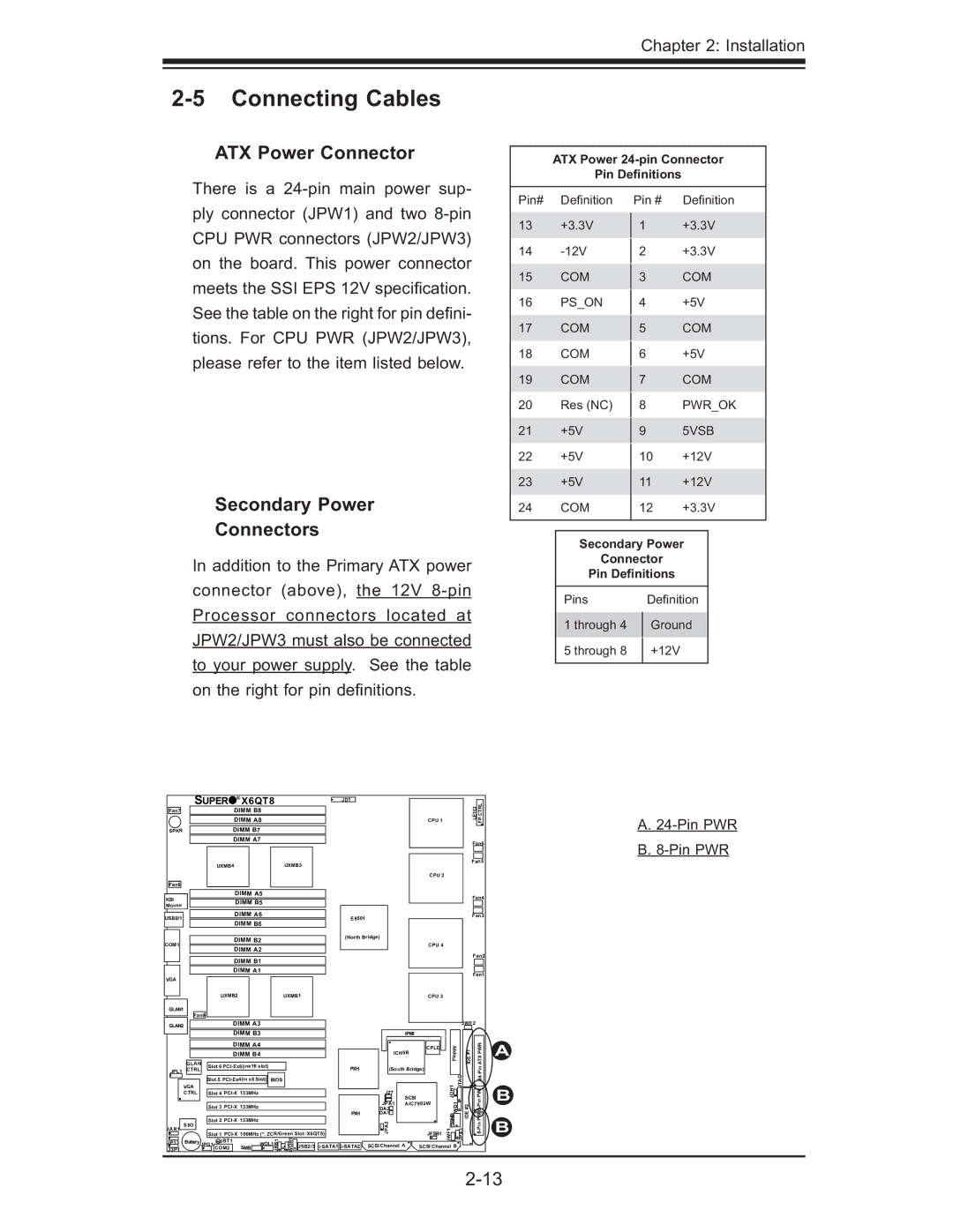 SUPER MICRO Computer X6QT8, X6QTE+ user manual Connecting Cables, ATX Power Connector, Secondary Power Connectors, Pin PWR 