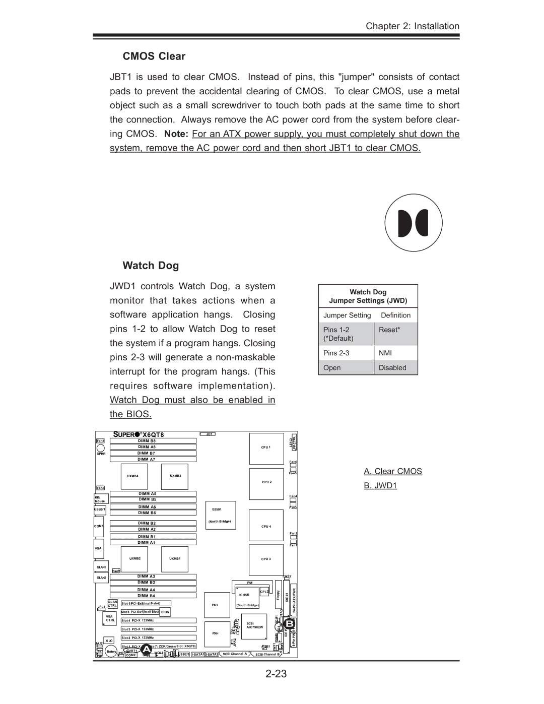 SUPER MICRO Computer X6QT8, X6QTE+ user manual Cmos Clear, Watch Dog 