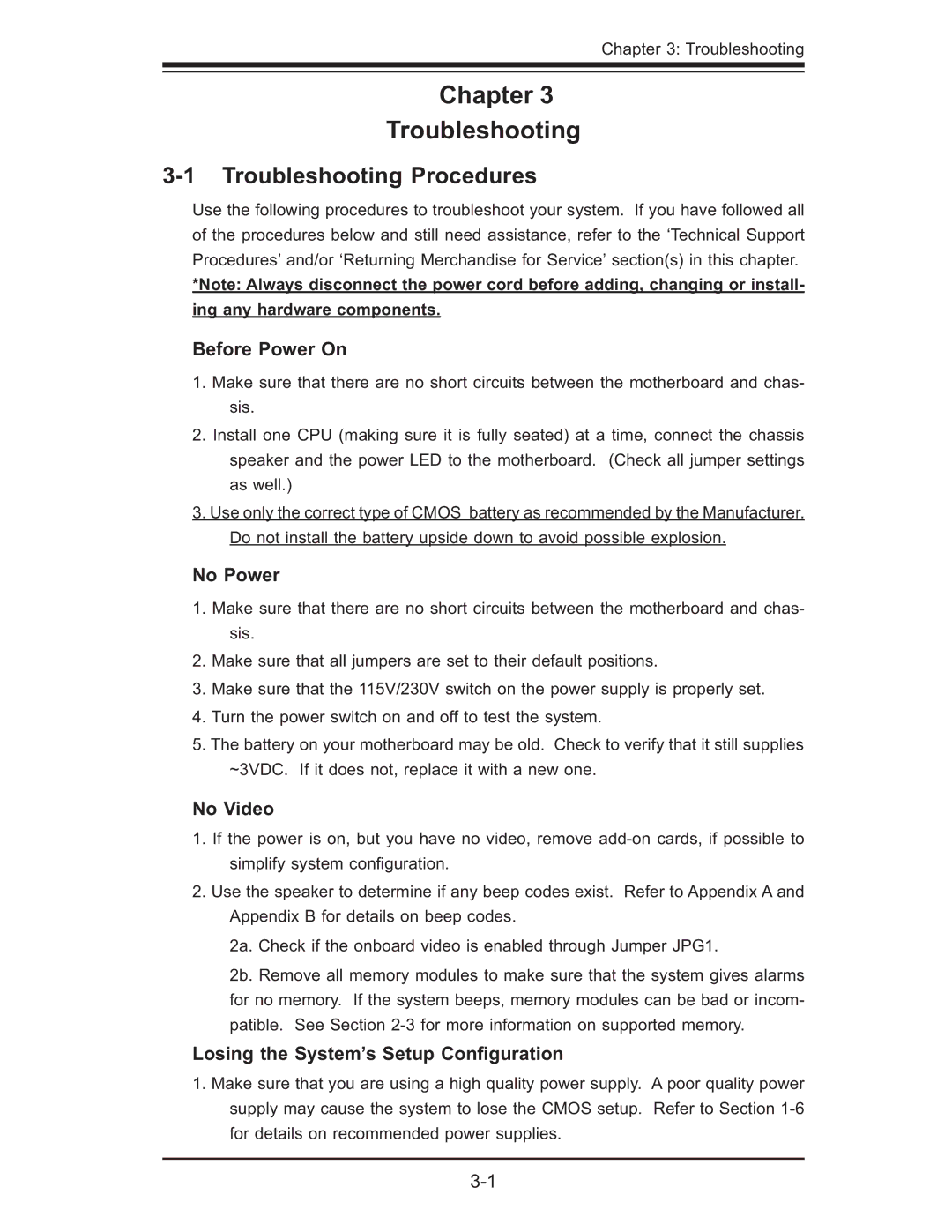 SUPER MICRO Computer X6QT8, X6QTE+ user manual Troubleshooting Procedures, Before Power On, No Power, No Video 