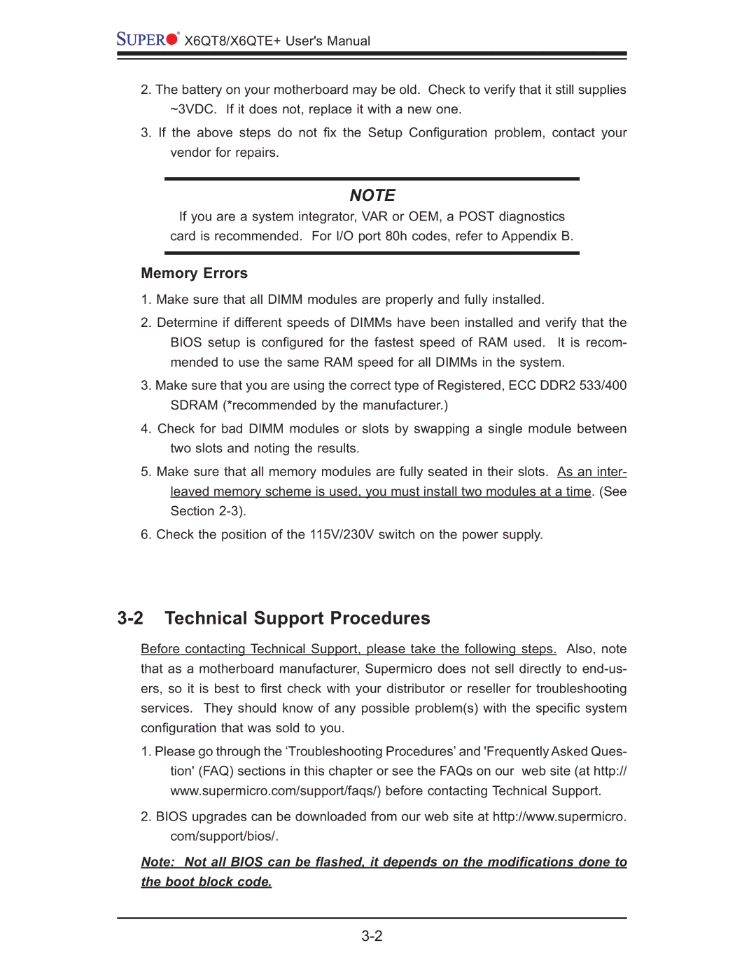 SUPER MICRO Computer X6QTE+, X6QT8 user manual Technical Support Procedures, Memory Errors 