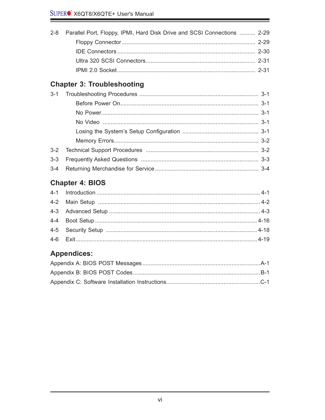 SUPER MICRO Computer X6QTE+, X6QT8 user manual Troubleshooting, Bios, Appendices 