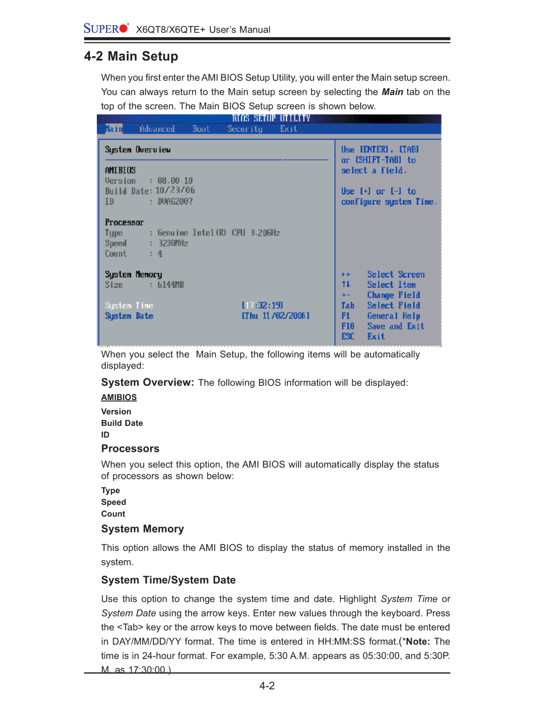 SUPER MICRO Computer X6QTE+, X6QT8 user manual Main Setup, Processors, System Memory, System Time/System Date 