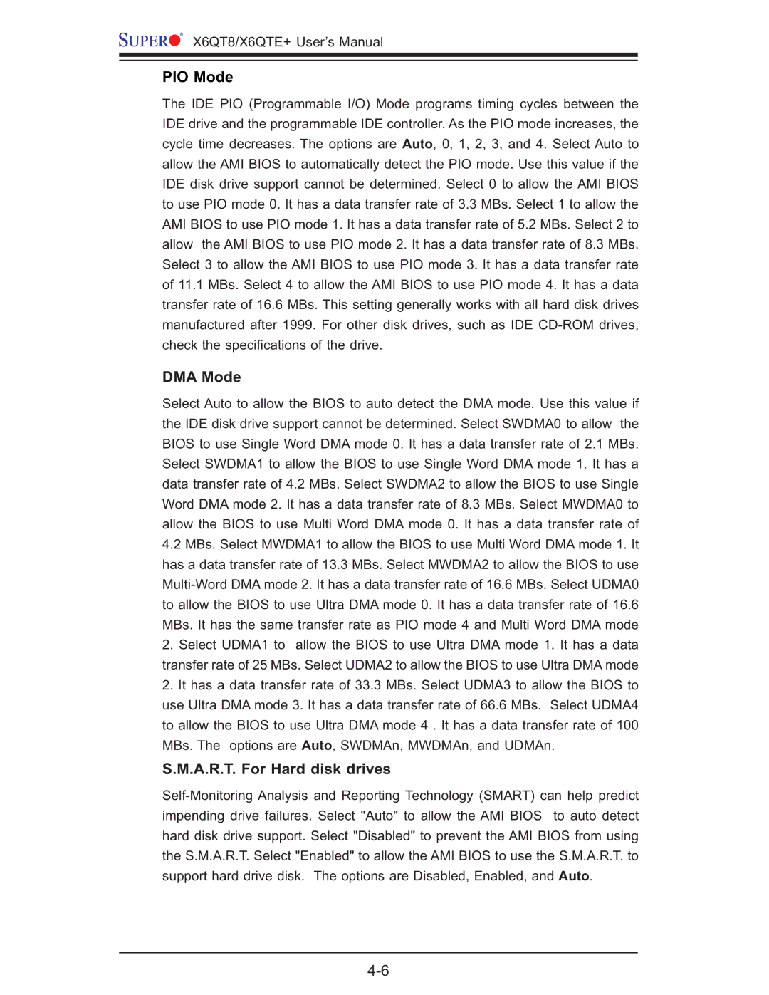 SUPER MICRO Computer X6QTE+, X6QT8 user manual DMA Mode, A.R.T. For Hard disk drives 