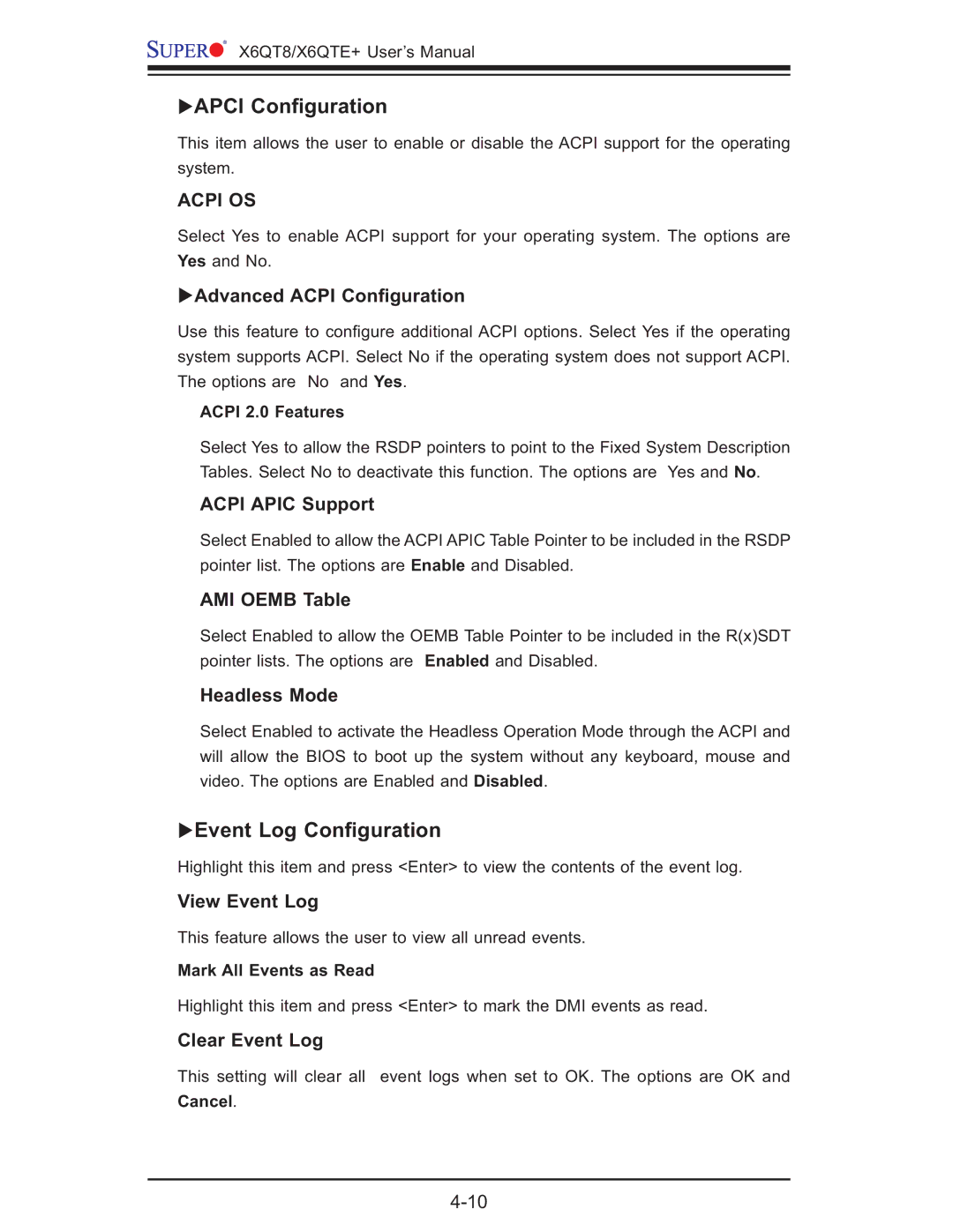SUPER MICRO Computer X6QTE+, X6QT8 user manual Apci Conﬁguration, Event Log Conﬁguration 