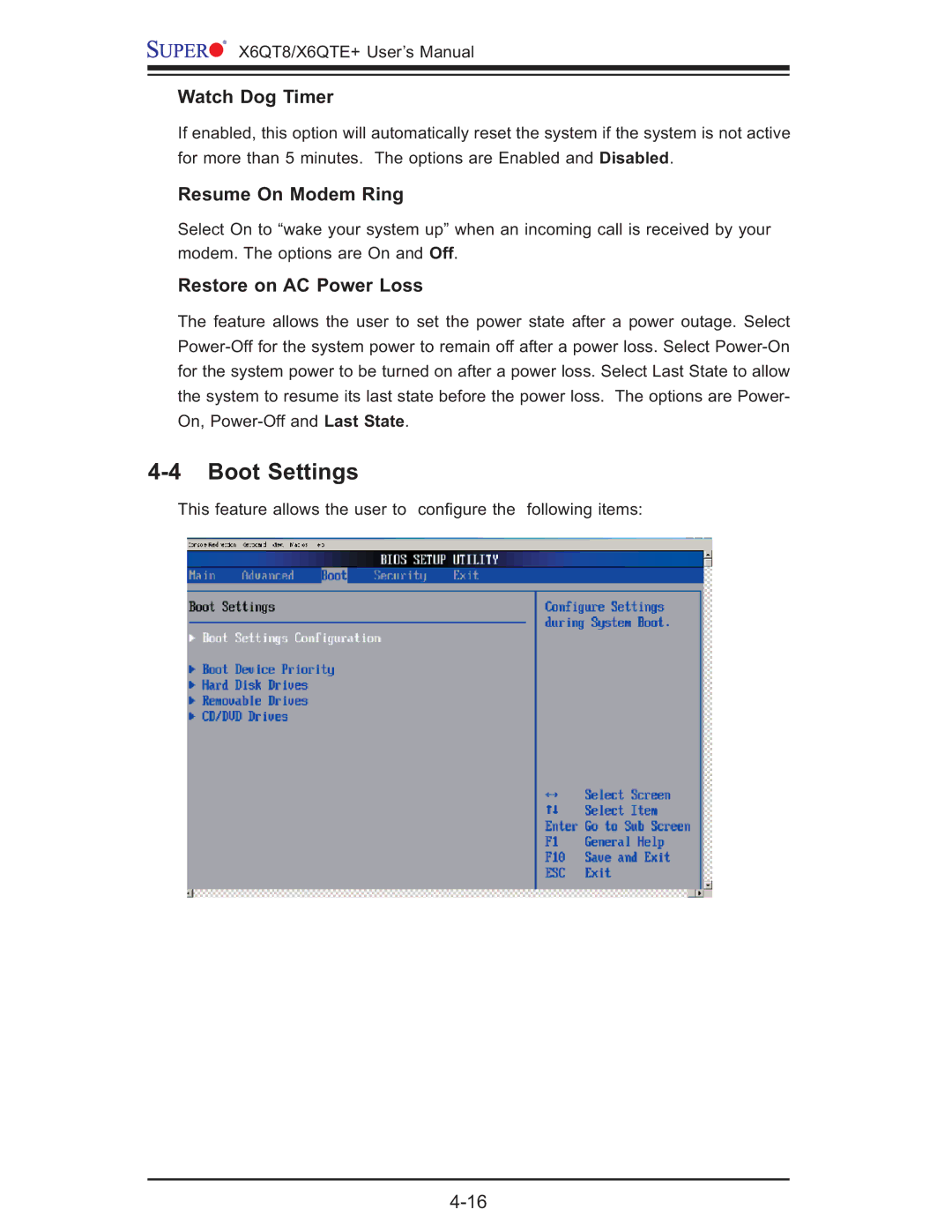 SUPER MICRO Computer X6QTE+, X6QT8 Boot Settings, Watch Dog Timer, Resume On Modem Ring, Restore on AC Power Loss 