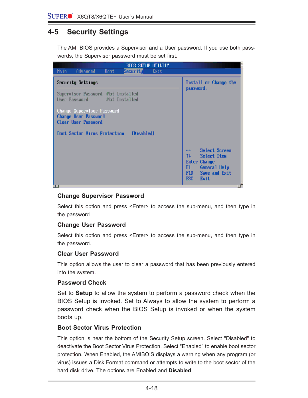 SUPER MICRO Computer X6QTE+, X6QT8 user manual Security Settings 