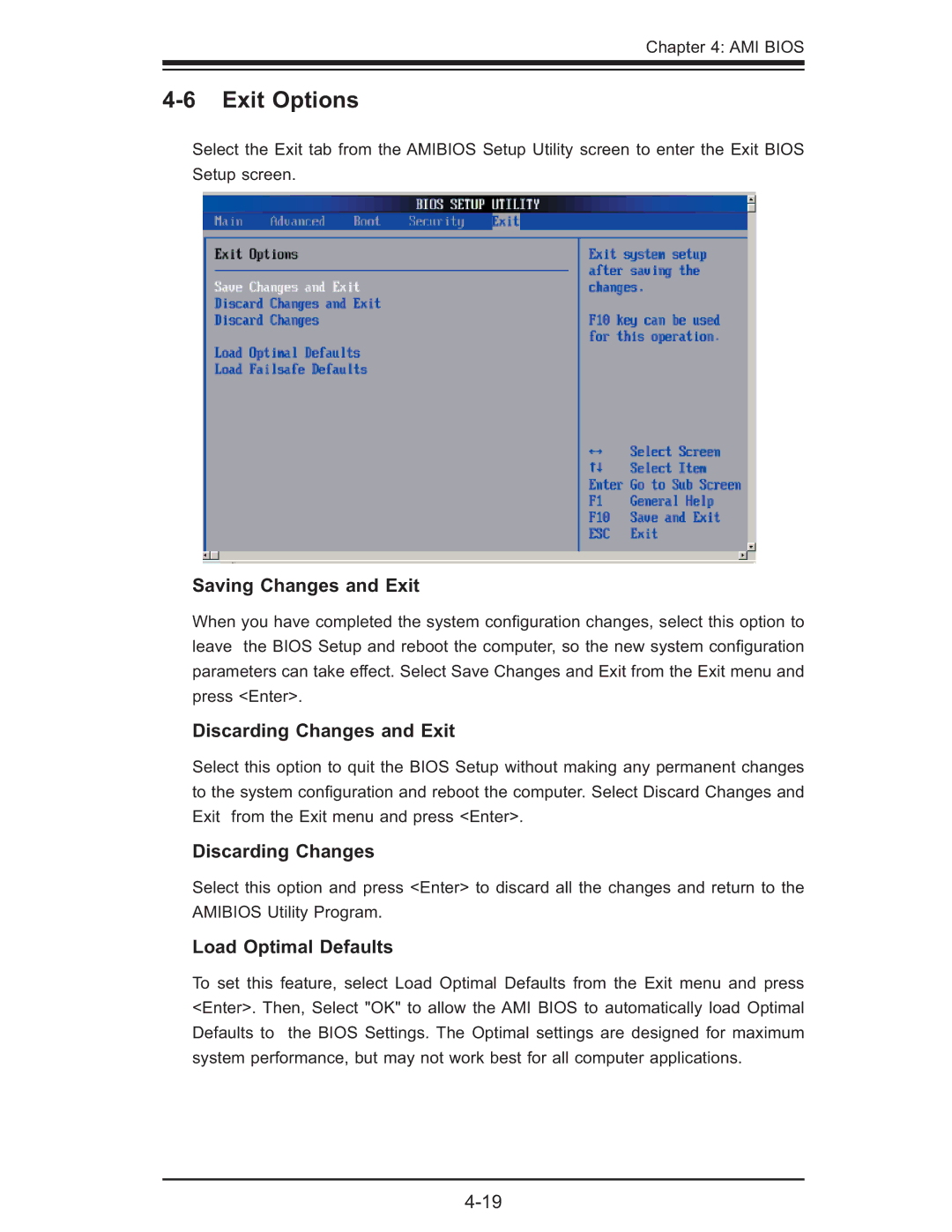 SUPER MICRO Computer X6QT8 Exit Options, Saving Changes and Exit, Discarding Changes and Exit, Load Optimal Defaults 