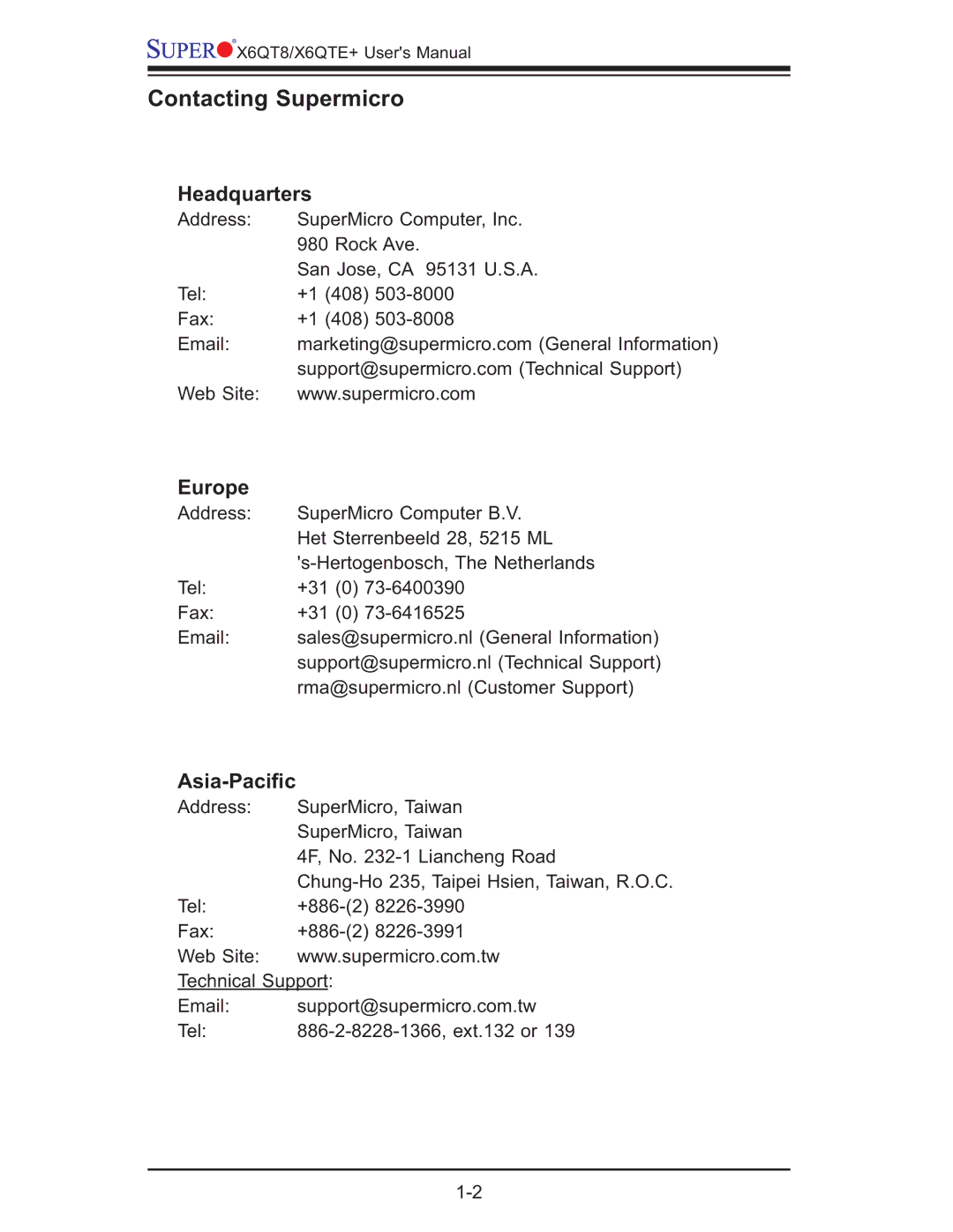 SUPER MICRO Computer X6QTE+, X6QT8 user manual Contacting Supermicro, Headquarters, Europe, Asia-Paciﬁc 