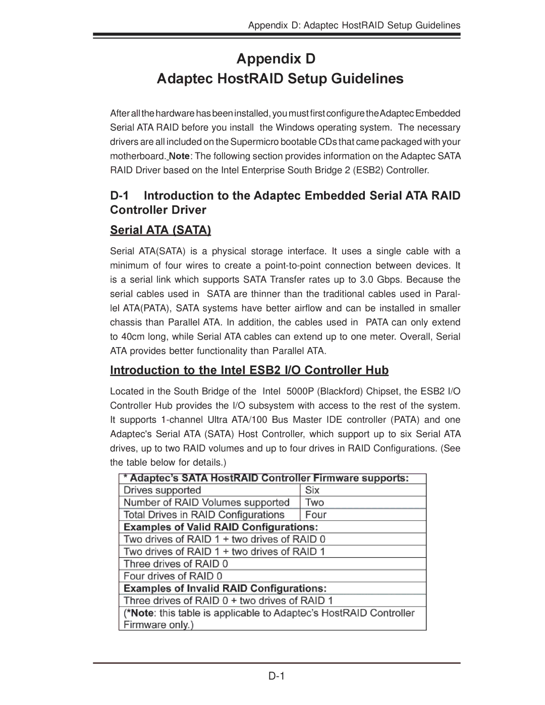 SUPER MICRO Computer X7DB8 Appendix D Adaptec HostRAID Setup Guidelines, Introduction to the Intel ESB2 I/O Controller Hub 