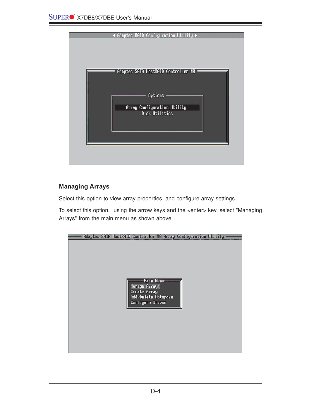 SUPER MICRO Computer X7DBE, X7DB8 user manual Managing Arrays 