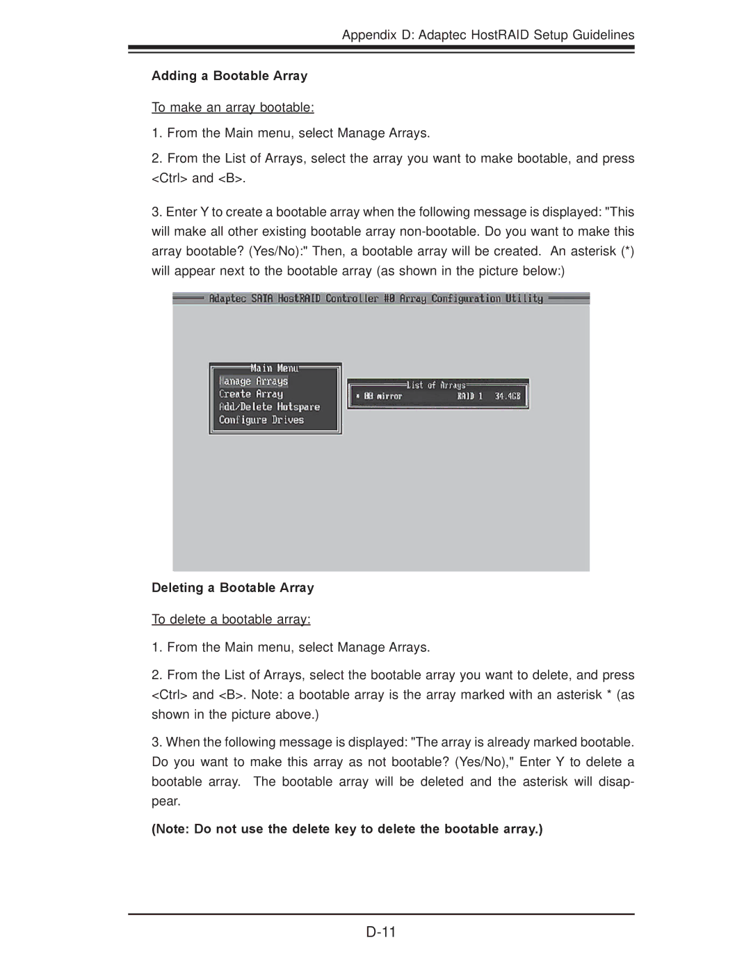SUPER MICRO Computer X7DB8, X7DBE user manual Adding a Bootable Array, Deleting a Bootable Array 