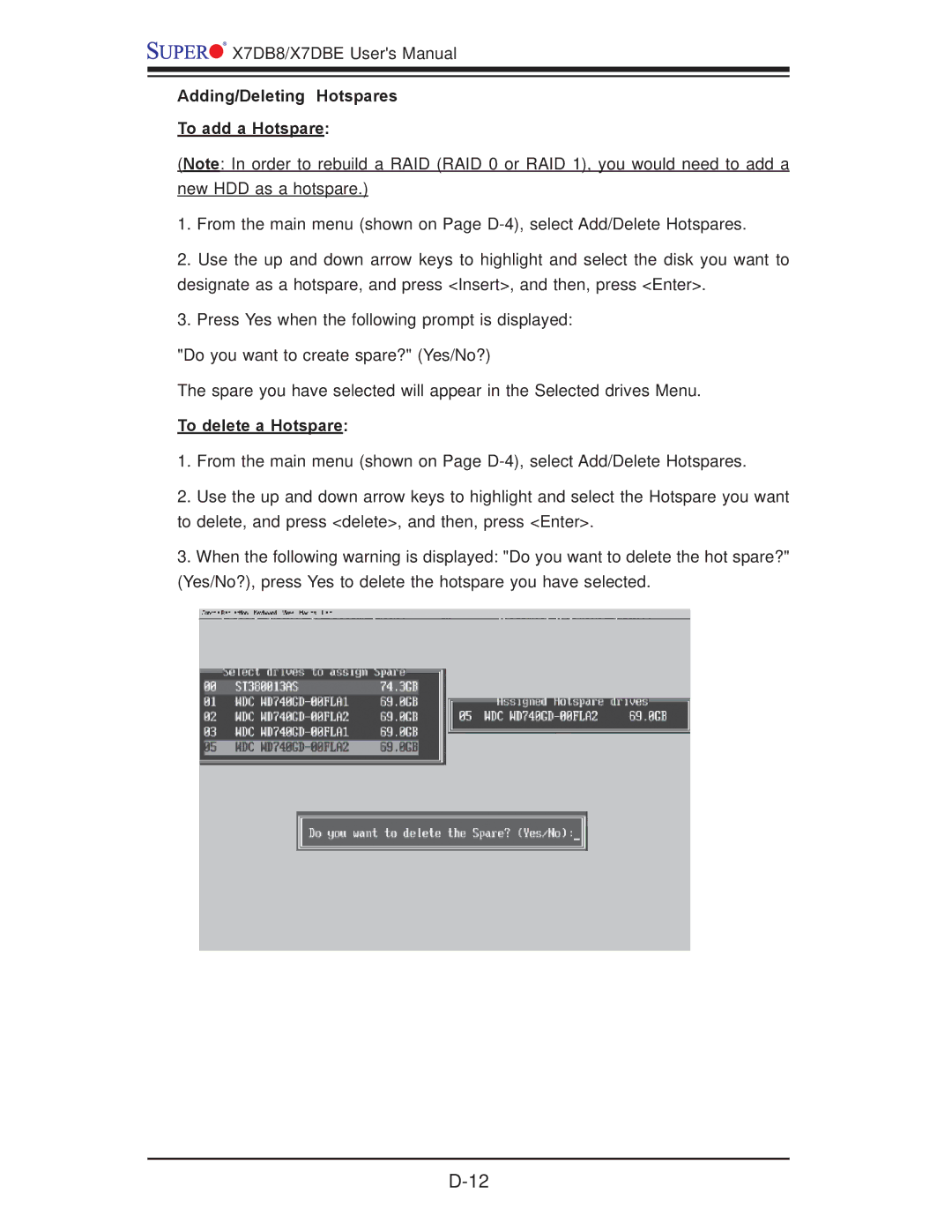 SUPER MICRO Computer X7DBE, X7DB8 user manual Adding/Deleting Hotspares To add a Hotspare, To delete a Hotspare 
