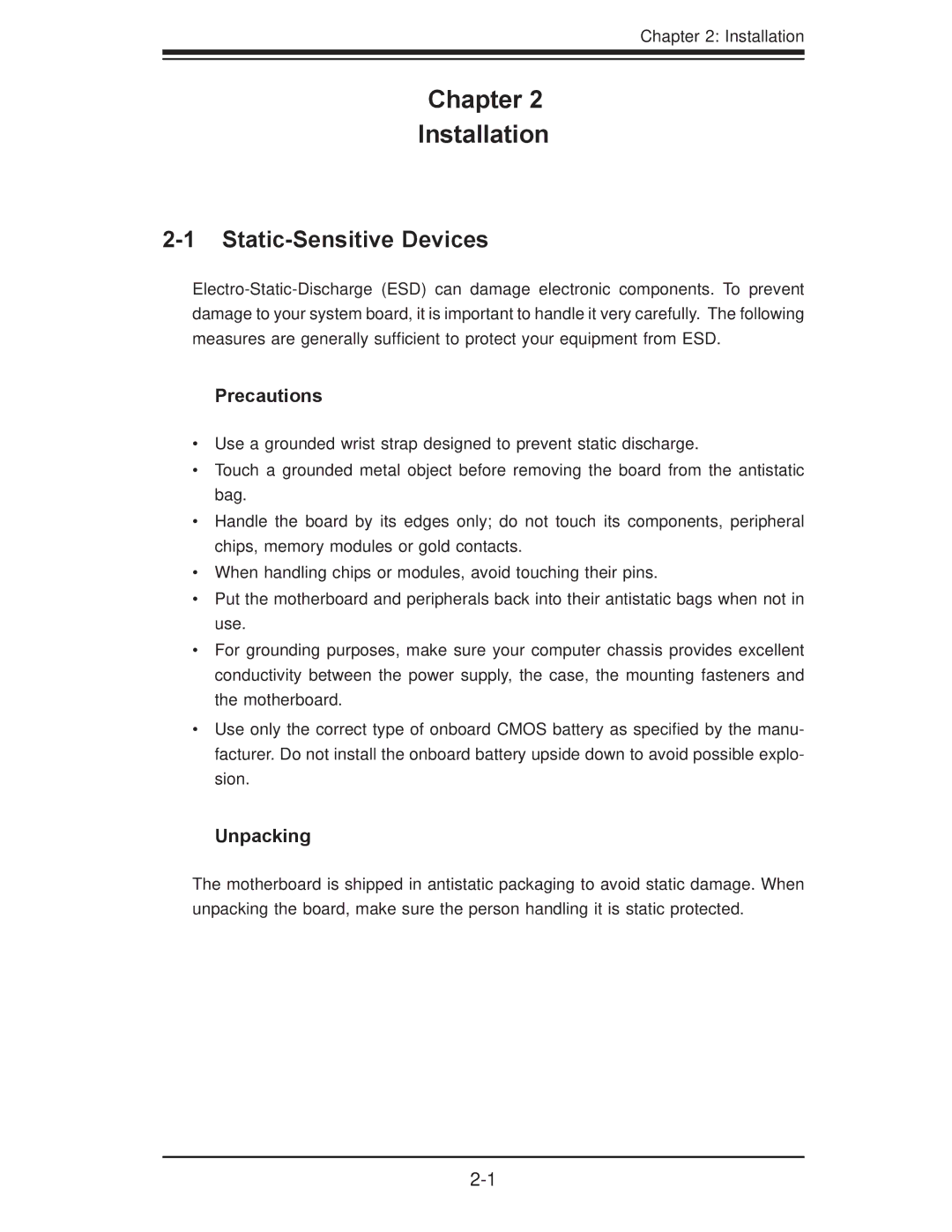 SUPER MICRO Computer X7DB8, X7DBE user manual Static-Sensitive Devices, Precautions, Unpacking 