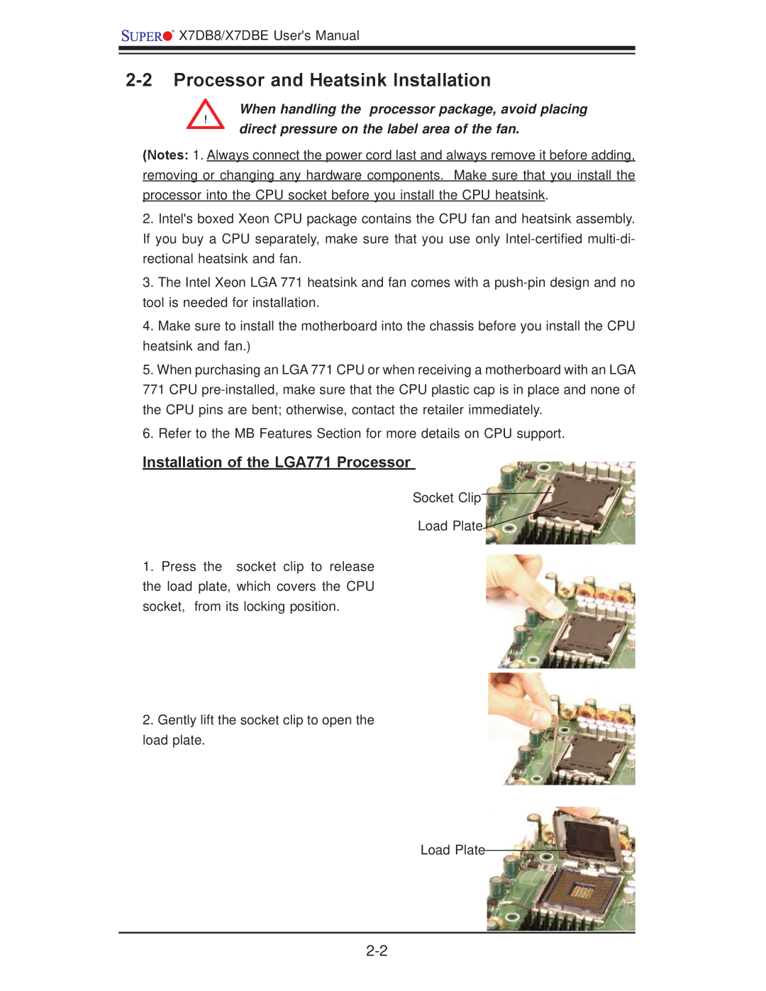 SUPER MICRO Computer X7DBE, X7DB8 user manual Processor and Heatsink Installation, Installation of the LGA771 Processor 