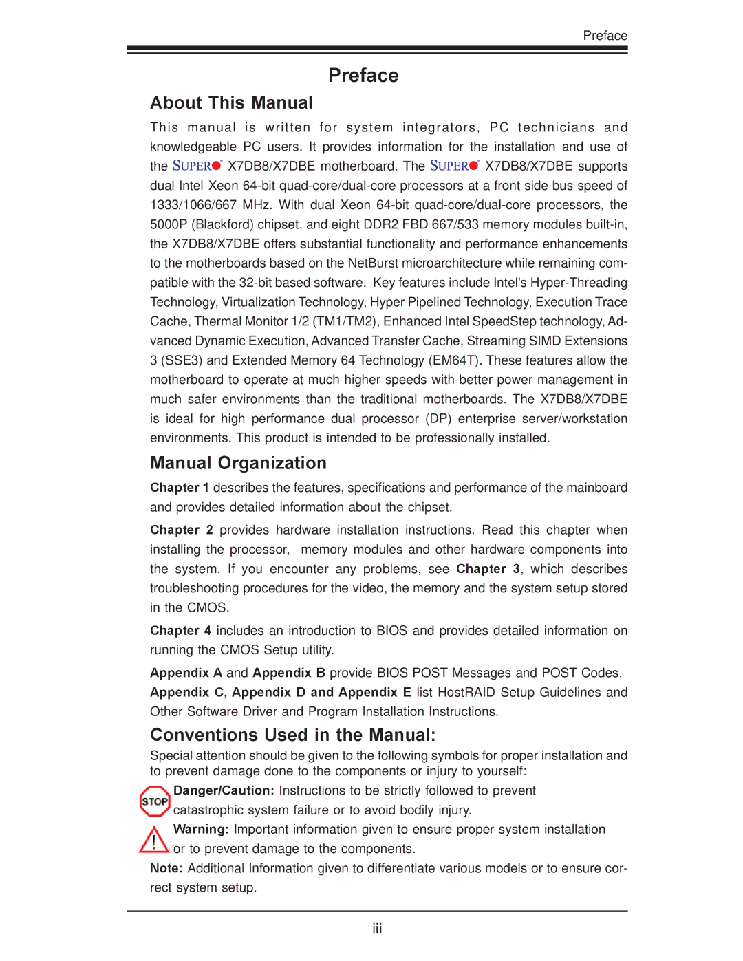 SUPER MICRO Computer X7DB8, X7DBE user manual About This Manual, Manual Organization, Conventions Used in the Manual 