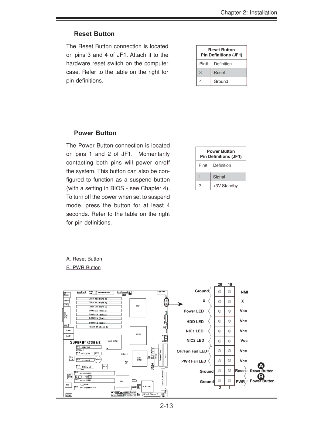 SUPER MICRO Computer X7DB8, X7DBE user manual Reset Button, Power Button 