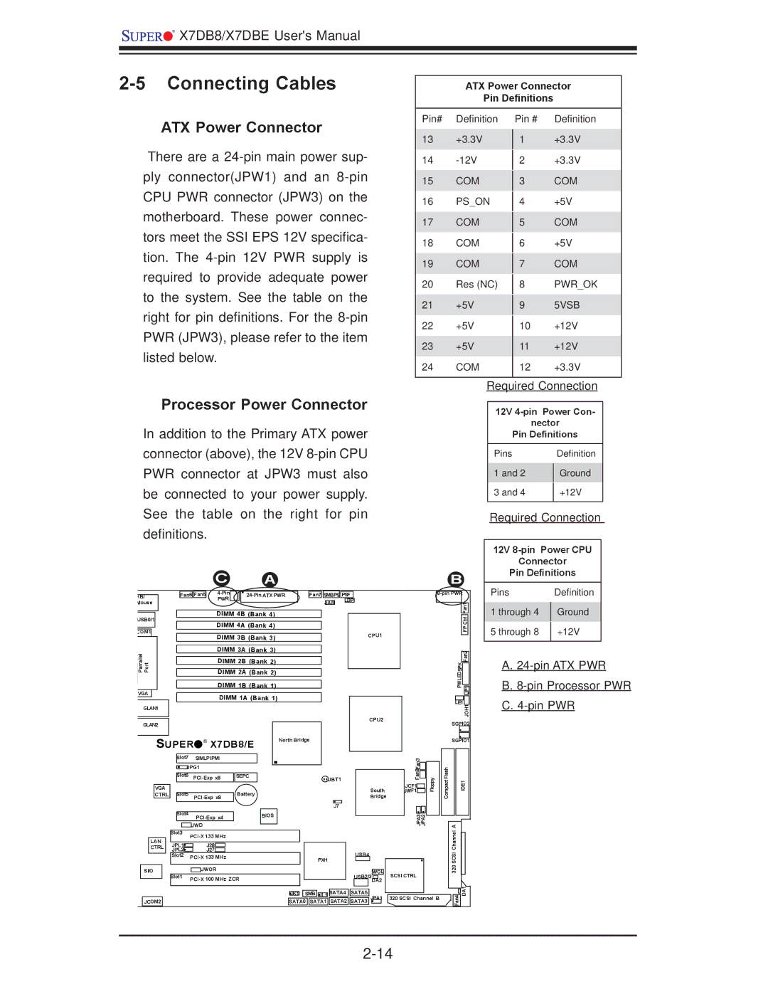 SUPER MICRO Computer X7DBE, X7DB8 user manual Connecting Cables, ATX Power Connector, Processor Power Connector 