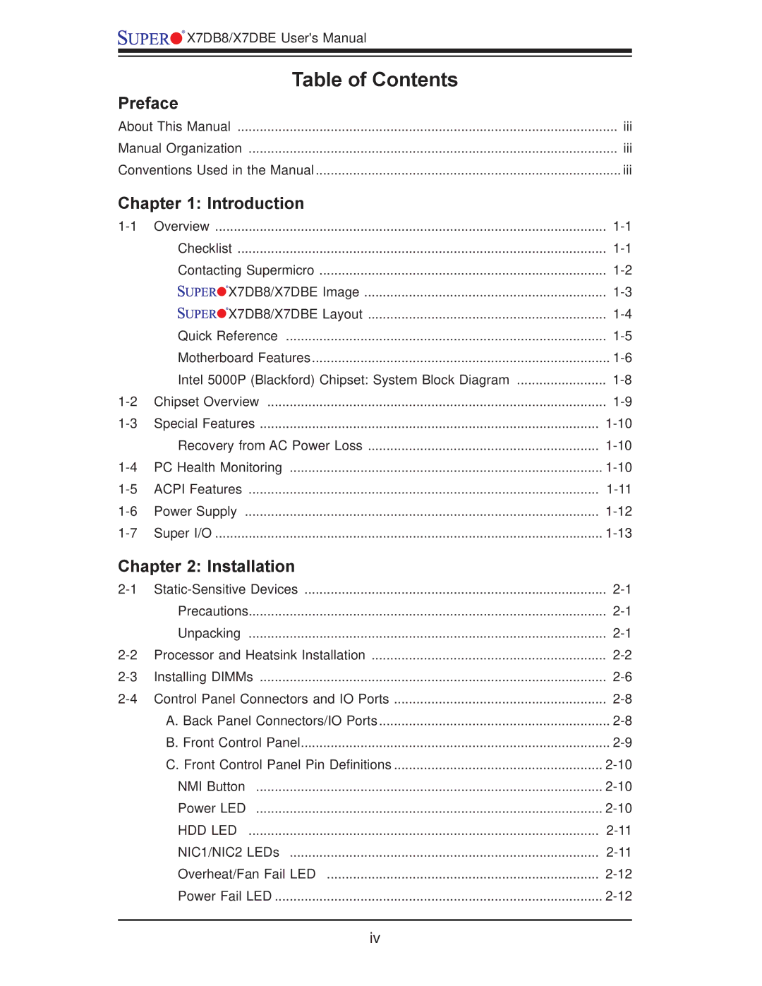 SUPER MICRO Computer X7DBE, X7DB8 user manual Table of Contents 