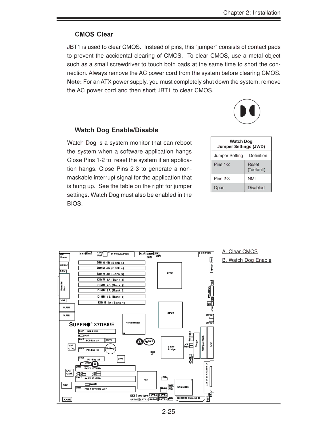 SUPER MICRO Computer X7DB8, X7DBE user manual Cmos Clear, Watch Dog Enable/Disable, Clear Cmos 