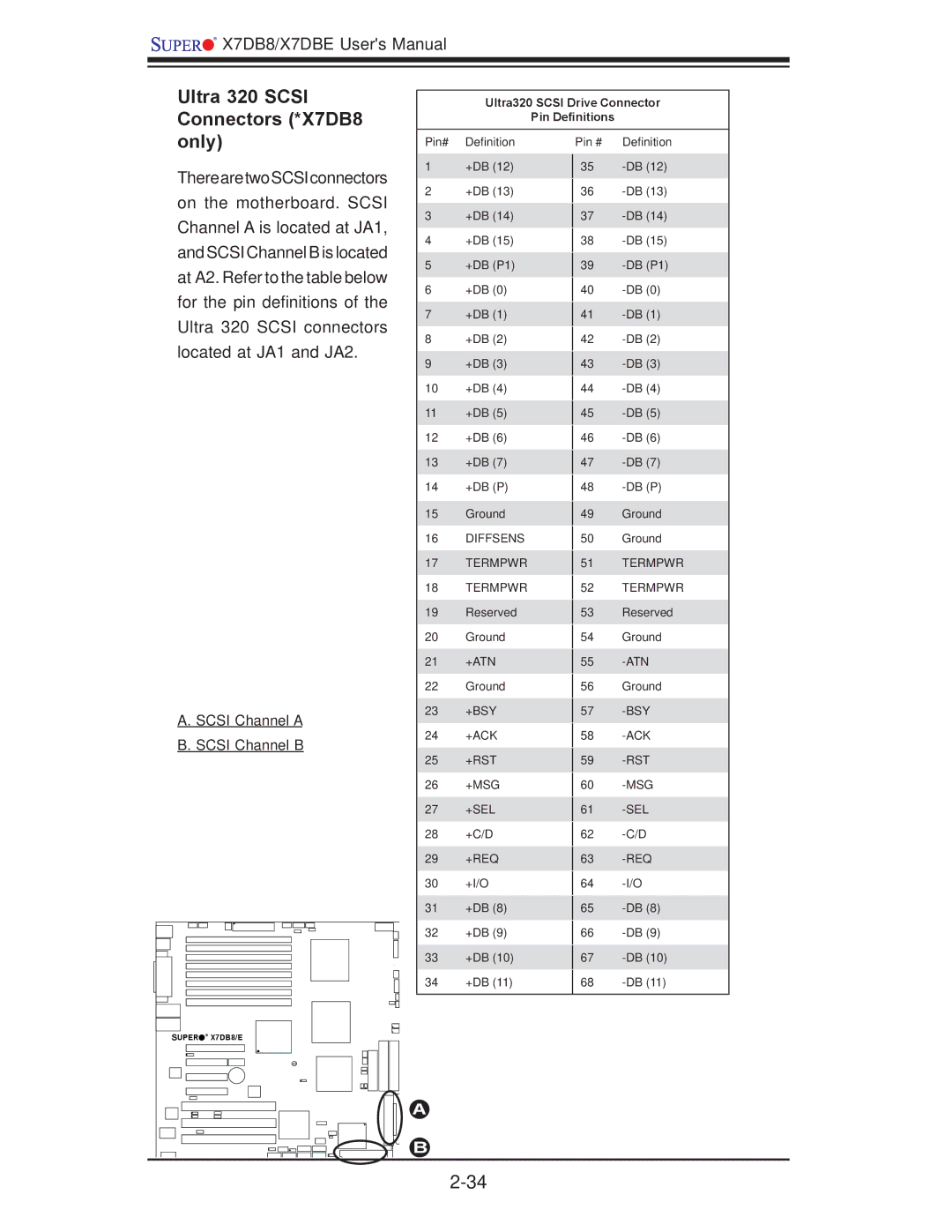 SUPER MICRO Computer X7DBE user manual Ultra 320 Scsi Connectors *X7DB8, Only 