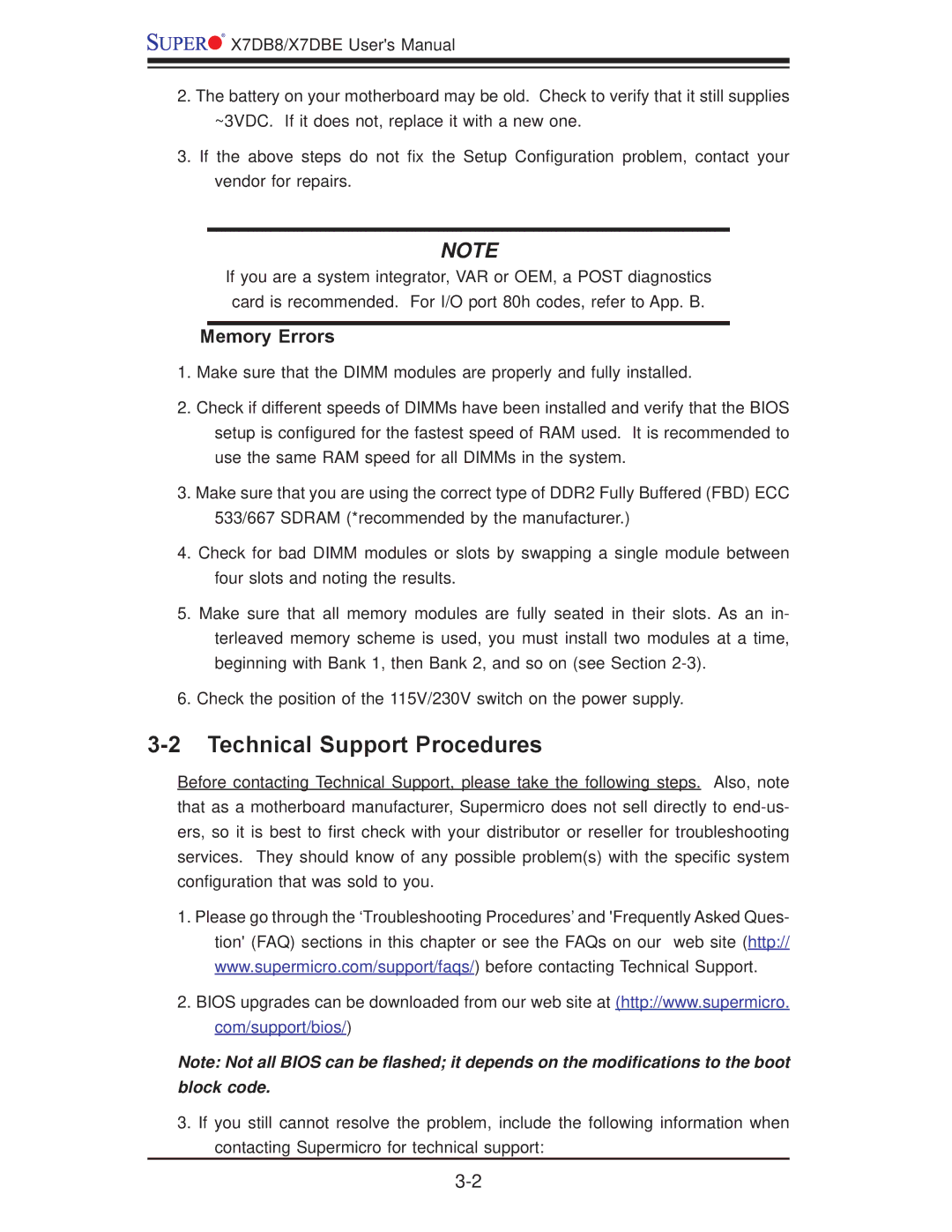 SUPER MICRO Computer X7DBE, X7DB8 user manual Technical Support Procedures, Memory Errors 