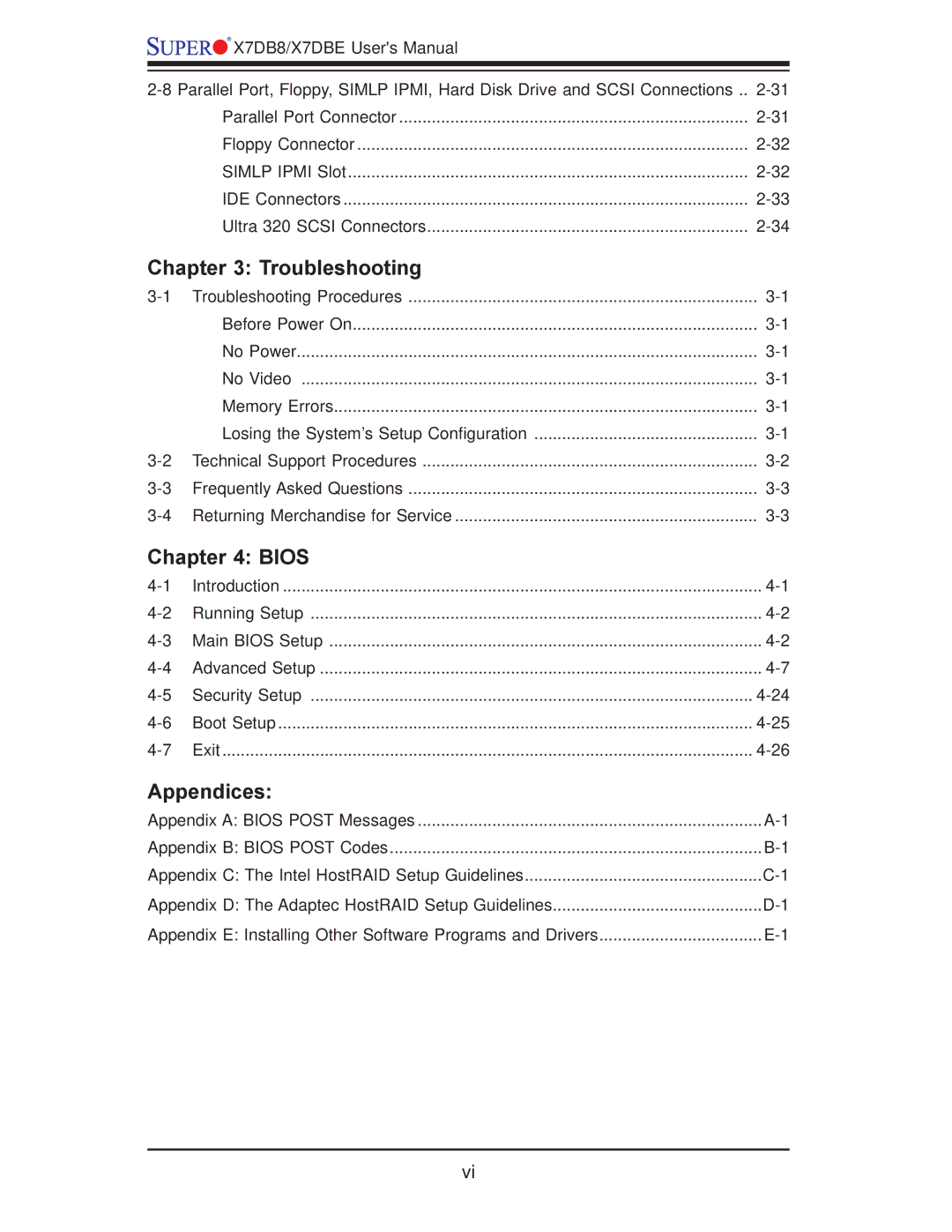 SUPER MICRO Computer X7DBE, X7DB8 user manual Troubleshooting, Bios, Appendices 