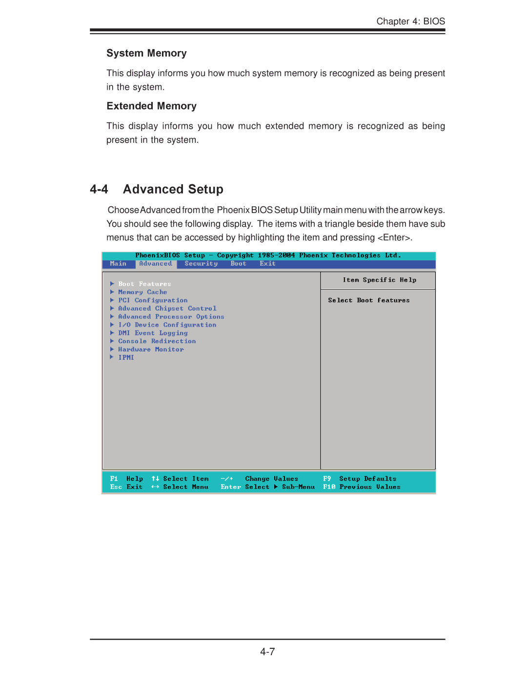 SUPER MICRO Computer X7DB8, X7DBE user manual Advanced Setup, System Memory, Extended Memory 