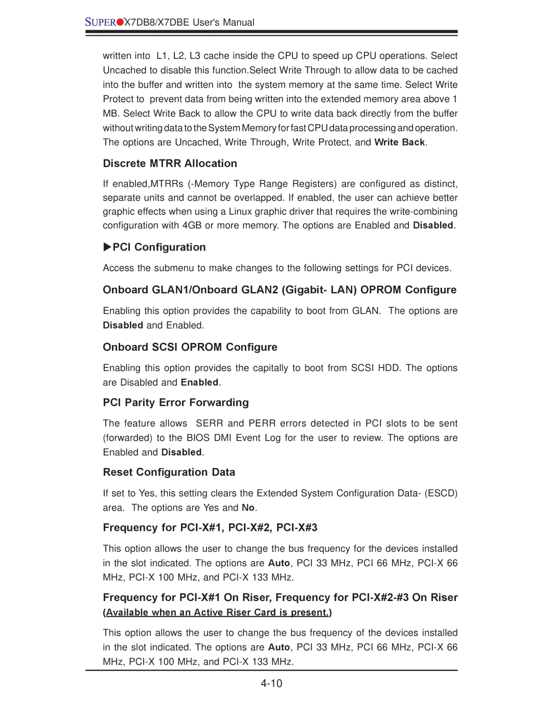 SUPER MICRO Computer X7DBE, X7DB8 user manual Discrete Mtrr Allocation, Xpci Conﬁguration, Onboard Scsi Oprom Conﬁgure 