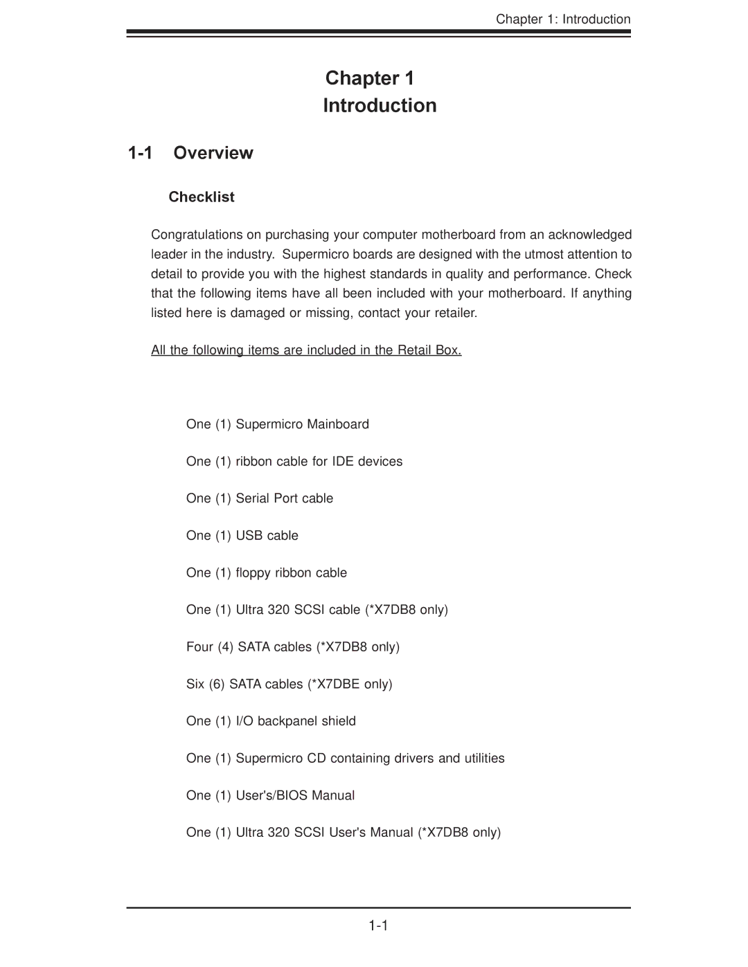 SUPER MICRO Computer X7DB8, X7DBE user manual Overview, Checklist 