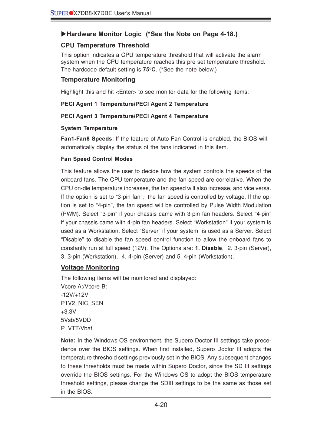 SUPER MICRO Computer X7DBE, X7DB8 user manual Temperature Monitoring 