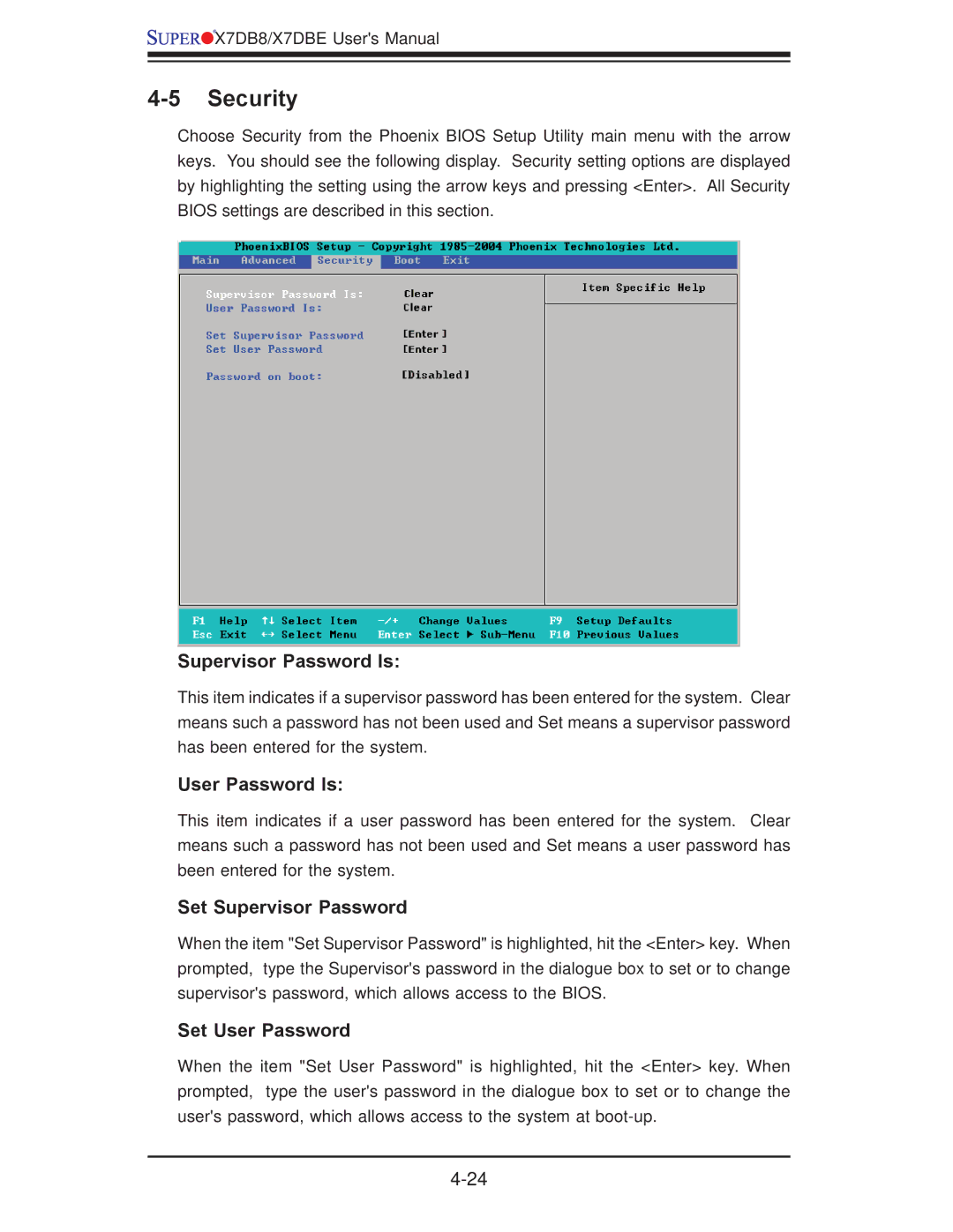 SUPER MICRO Computer X7DBE Security, Supervisor Password Is, User Password Is, Set Supervisor Password, Set User Password 