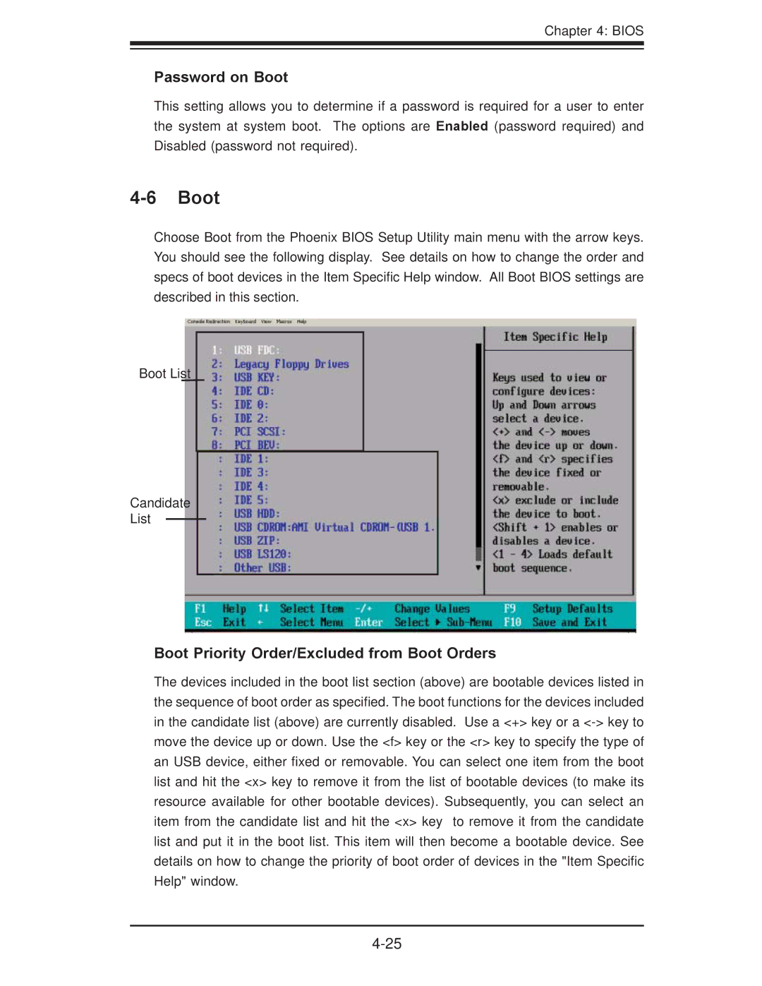 SUPER MICRO Computer X7DB8, X7DBE user manual Password on Boot, Boot Priority Order/Excluded from Boot Orders 