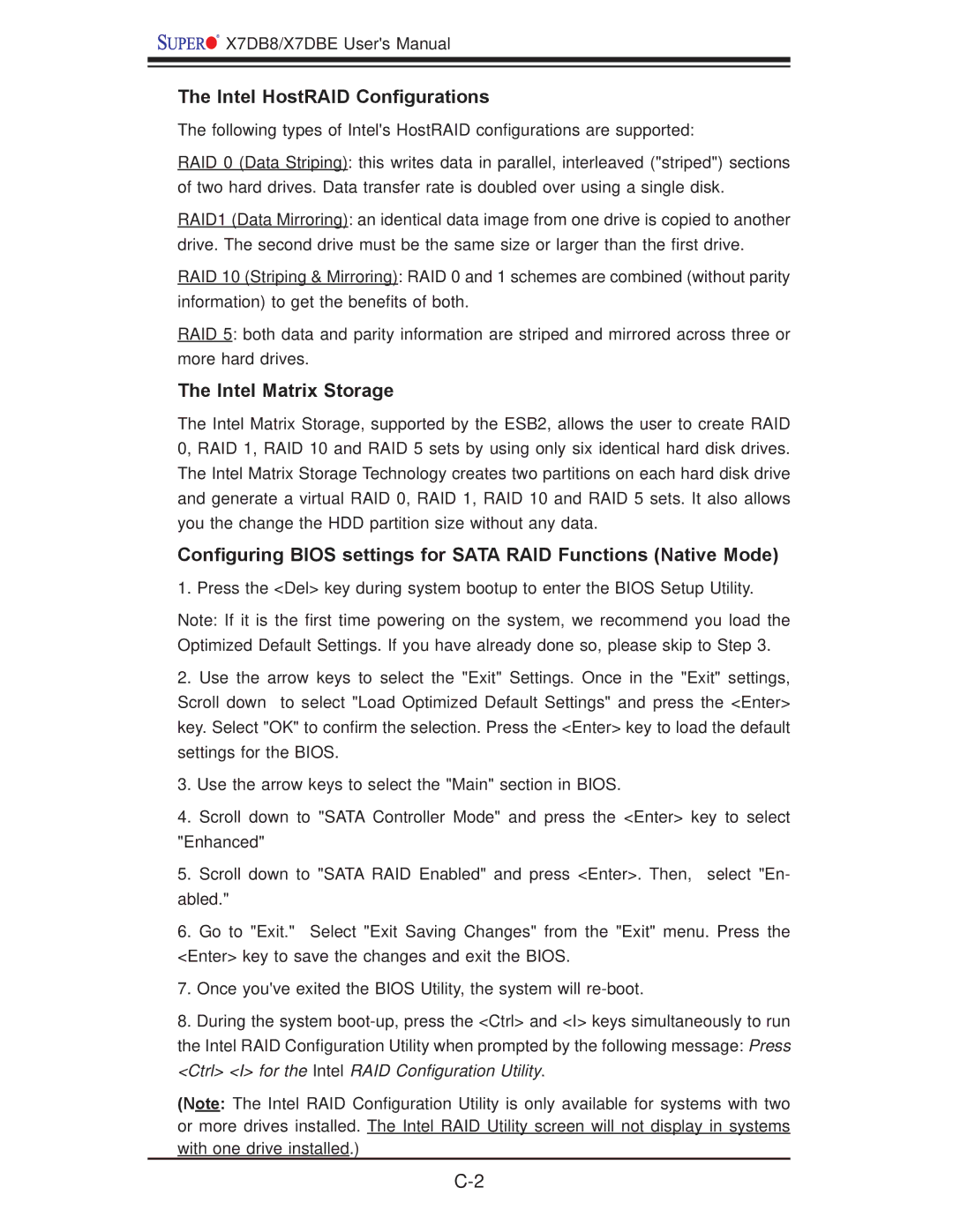 SUPER MICRO Computer X7DBE, X7DB8 user manual Intel HostRAID Conﬁgurations, Intel Matrix Storage 