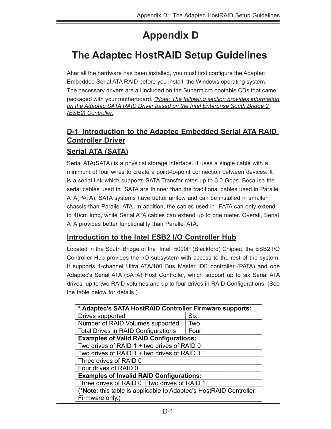 SUPER MICRO Computer X7DB8 Appendix D Adaptec HostRAID Setup Guidelines, Introduction to the Intel ESB2 I/O Controller Hub 