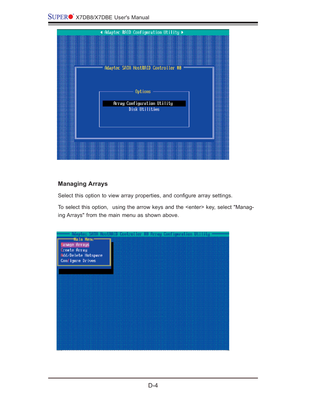 SUPER MICRO Computer X7DBE, X7DB8 user manual Managing Arrays 