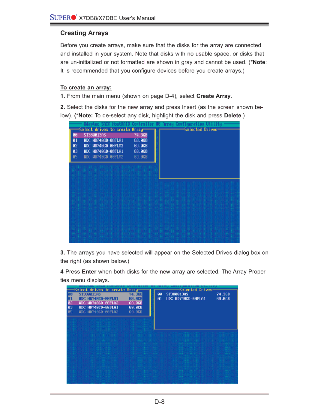 SUPER MICRO Computer X7DBE, X7DB8 user manual Creating Arrays, To create an array 