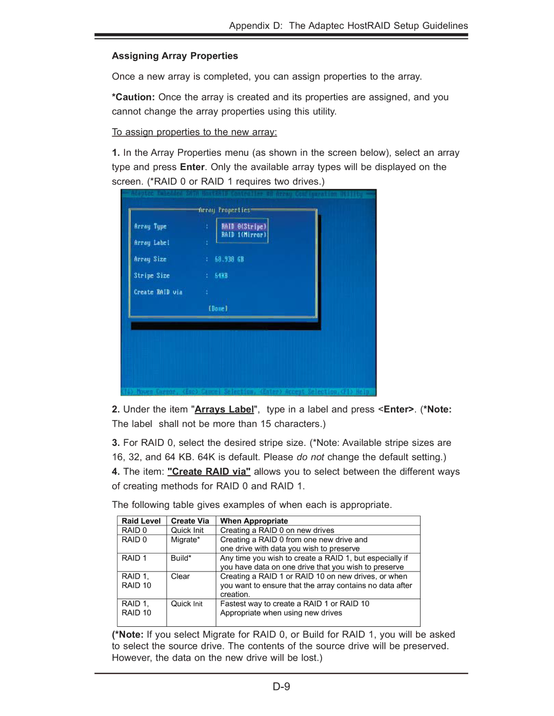 SUPER MICRO Computer X7DB8, X7DBE user manual Assigning Array Properties, Raid Level Create Via When Appropriate 