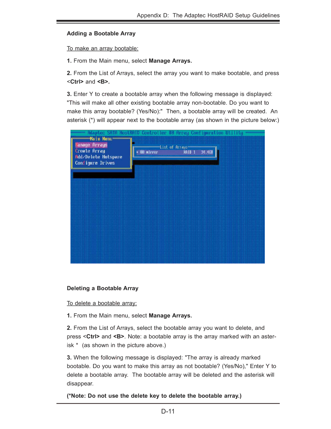 SUPER MICRO Computer X7DB8, X7DBE user manual Adding a Bootable Array, Deleting a Bootable Array 